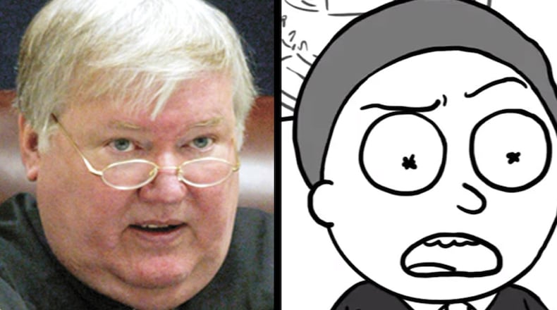 Judge Bryant Durham Jr., left, and a YouTube screen capture, right, of Morty from the Adult Swim animated series "Rick and Morty."