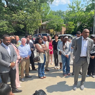 Local attorneys stood outside of the law school at Emory University on Thursday, April 23, 2026, in a show of solidarity with students after a classmate was banned from campus for allegedly writing threatening emails and disturbing social media posts. (Jason Armesto/AJC)