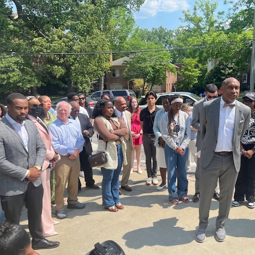 Local attorneys stood outside of the law school at Emory University on Thursday, April 23, 2026, in a show of solidarity with students after a classmate was banned from campus for allegedly writing threatening emails and disturbing social media posts. (Jason Armesto/AJC)