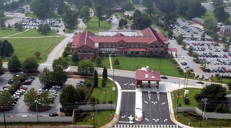 0508024 Atlanta, Ga. NWS- Areial of the front gate at Fort McPherson shot from the east looking west. The Base Realignment and Closure Commission voted to keep on its closure list Fort Gillem in Forest Park, Fort McPherson in Atlanta, the Naval Air Station Atlanta in Marietta and the Navy Supply Corps School in Athens. (Staff Photo by Keith Hadley)