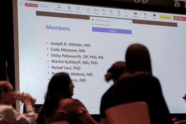 CDC participants listen to the speakers during a meeting of the Advisory Committee in Immunization Practices, Wednesday, June 25, 2025, in Atlanta. (AP Photo/Mike Stewart)