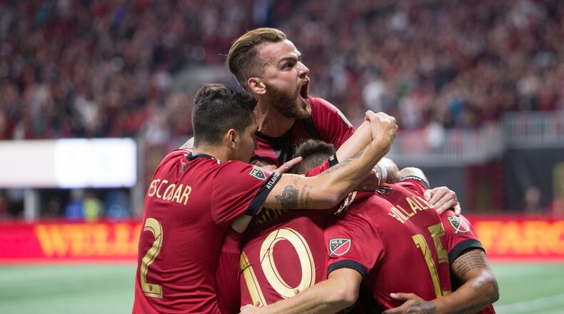 March 11, 2018.  Atlanta United defender Leandro Gonzalez reacts towards the fans after his team mate Josef Martinez scored the first goal during the first half against the DC United on March 11, 2018 in Atlanta Ga..