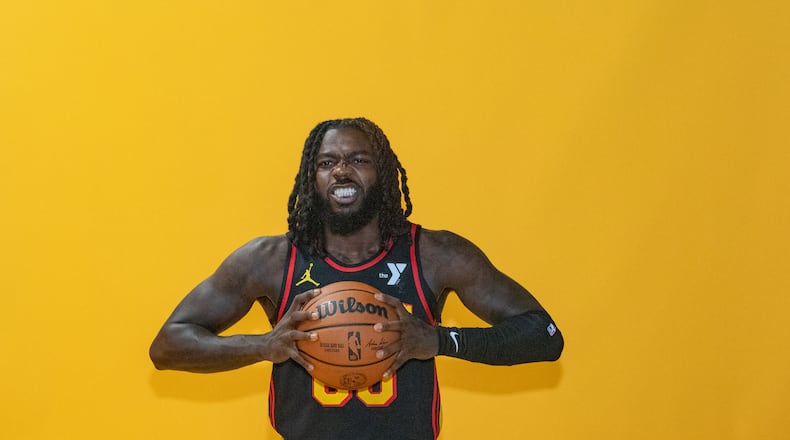 Hawks player Kevon Harris, #00, poses for photos during media day. Hawks media day takes place on Monday, Sept 30, 2024 where media outlets including the Associated Press, Getty, NBA and many others gather to take photos, conduct interviews and gather footage.   (Jenni Girtman for The Atlanta Journal-Constitution)