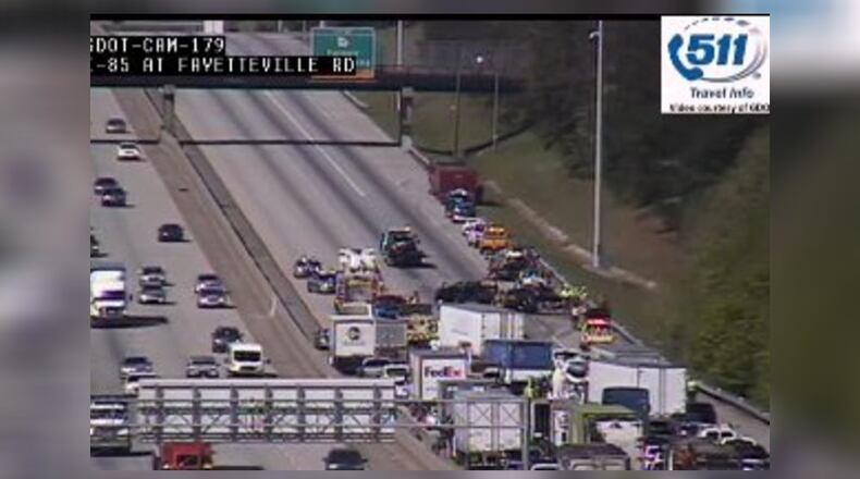 A seven-vehicle crash caused delays for hours on I-85 South in Fairburn. Two people were seriously injured.