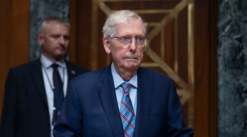 Sen. Mitch McConnell, R-Ky., chair of the Senate Defense Appropriations Subcommittee, arrives for a hearing on President Donald Trump's funding requests for the Army, at the Capitol in Washington, Tuesday, May 19, 2026. (AP Photo/J. Scott Applewhite)