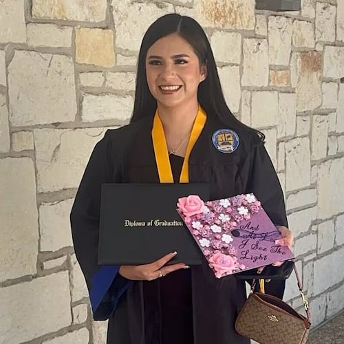 In this undated photo provided by her attorney, Todd Pomerleau, Any Lucia Lopez Belloza celebrates her high school graduation in Texas. (Any Lucia Lopez Belloza's attorney via AP)