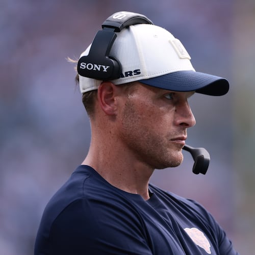 Chicago Bears head coach Ben Johnson looks on during the first half of an NFL football game, Sunday, Sept. 13, 2026, in Charlotte, N.C. (AP Photo/Scott Kinser)