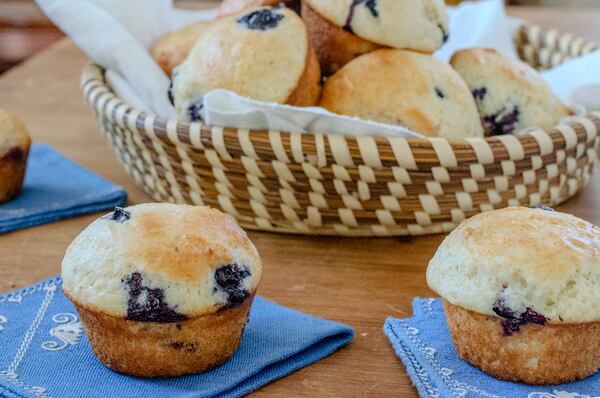 Egg-free Aquafaba Blueberry Lemon Muffins made with lemon and fresh blueberries taste bright and light. (Virginia Willis for The Atlanta Journal-Constitution)