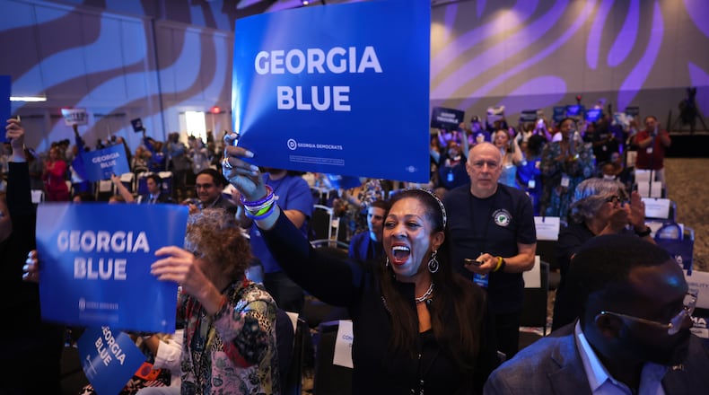 Cassandra Littlejohn cheers at the Georgia Democratic Convention at the Savannah Convention Center in Savannah on Saturday, Aug. 1, 2026. (Arvin Temkar/AJC)