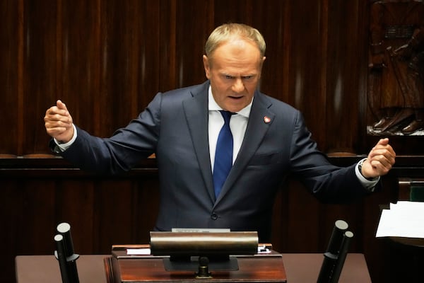Poland's Prime Minister Donald Tusk addresses the Polish parliament on Wednesday, June 11, 2025, in Warsaw, Poland. (AP Photo/Czarek Sokolowski)