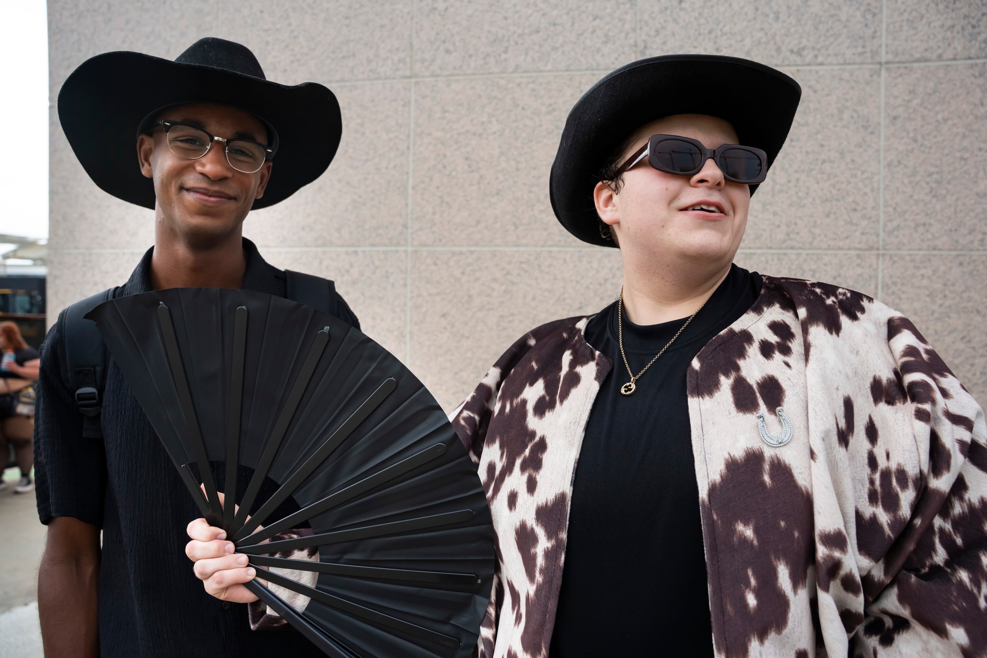 Jaylen Poole (left) and Cason Hudgins pose in line at Beyoncé's Cowboy Carter concert at Mercedes-Benz Stadium in Atlanta on Thursday, July 10, 2025. (Olivia Bowdoin for the AJC)