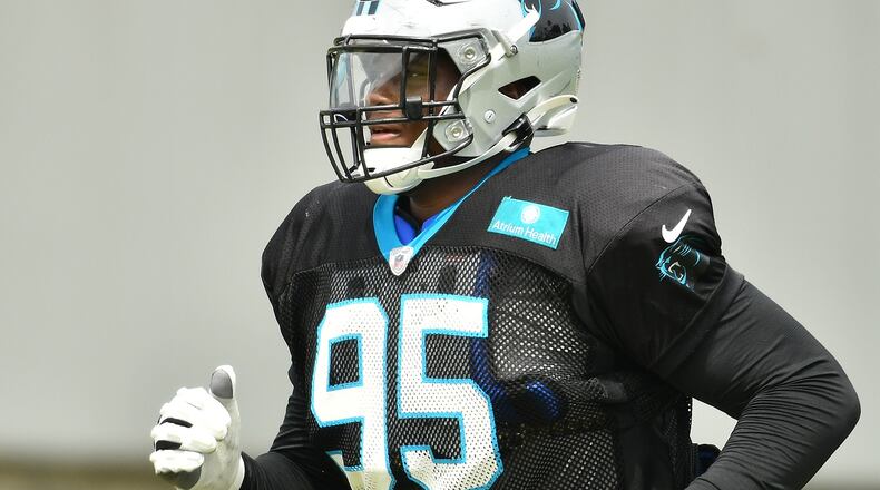 The Carolina Panthers' Derrick Brown runs during a training camp session at Bank of America Stadium in Charlotte, North Carolina, on August 24, 2020. (Grant Halverson/Getty Images/TNS)