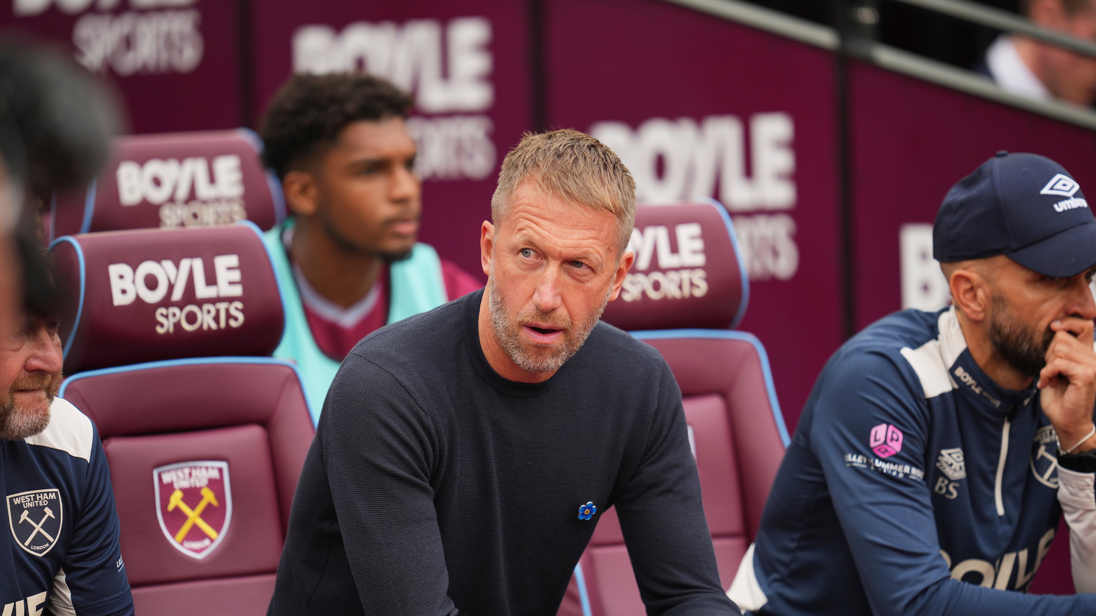 FILE - West Ham's head coach Graham Potter sits on the bench prior to the English Premier League soccer match between West Ham United and Crystal Palace at the London Stadium in London, Saturday, Sept. 20, 2025. (AP Photo/Kin Cheung, file)
