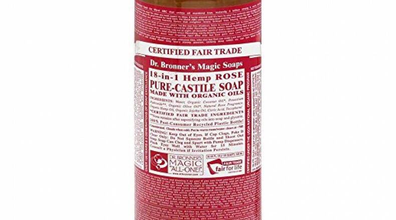 Dr. Bronner’s 18-in-1 hemp rose scented pure castile soap is made using organic oils.