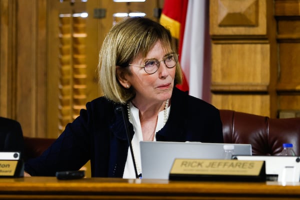 State Election Board member Janice Johnston speaks as the board considers investigations of election fraud and misbehavior at the Georgia State Capitol in Atlanta on Tuesday, July 29, 2025. (Abbey Cutrer / AJC)