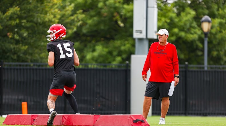 John and Alice Sands offensive coordinator Mike Bobo during Georgia’s practice session in Athens, Ga., on Thursday, Aug. 3, 2023. (Tony Walsh/UGAAA)