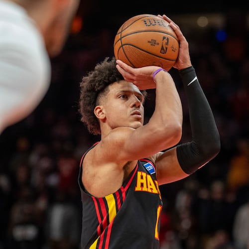 Atlanta Hawks forward Jalen Johnson (1) attempts a free-throw during the first half of an NBA Cup basketball game against the Cleveland Cavaliers, Friday, Nov. 28, 2025, in Atlanta. (AP Photo/Erik Rank)