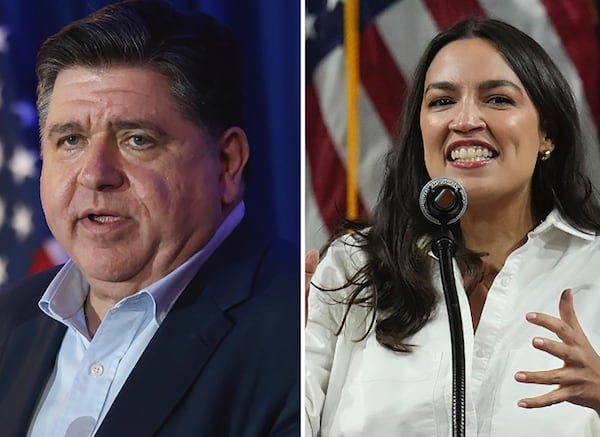 This photo combo shows Illinois Gov. JB Pritzker, left, speaking during the McIntyre-Shaheen 100 Club Dinner, April 27, 2025, in Manchester, N.H. and Rep. Alexandria Ocasio-Cortez, D-N.Y., speaking during a "Fighting Oligarchy" tour event at Arizona State University, March 20, 2025, in Tempe, Ariz. (AP Photo/Reba Saldanha/Ross D. Franklin)