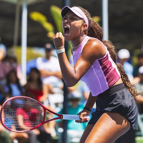In this photo provided by USTA, Thea Frodin, 17, pumps her fist during a match at the USTA Billie Jean King Girls' 18s National Championships to earn a wild card into the U.S. Open on Aug. 16, 2026, in San Diego. (Jon Mulvey/USTA SoCal. via AP)