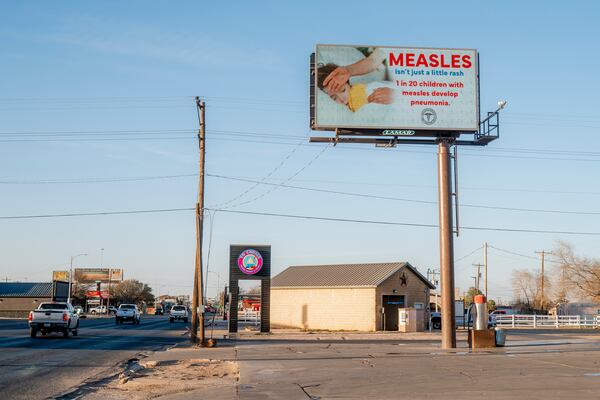 
                        FILE — A digital billboard with measles public health messaging by the South Plains Public Health Department in Seminole, Texas, Feb. 24, 2025. Robert F. Kennedy Jr. appears to be largely ignoring government experts on the measles outbreak in Texas. (Desiree Rios/The New York Times)
                      