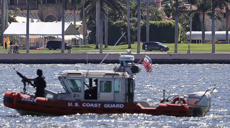 PALM BEACH, FL - APRIL 07:  A Coast Guard boat is seen patrolling in front of the Mar-a-Lago Resort where President Donald Trump held meetings with Chinese President Xi Jinping on April 7, 2017 in Palm Beach, Florida. The two presidents spoke about China/US relations as well as the U.S. bombing of Syria last night. (Photo by Joe Raedle/Getty Images)