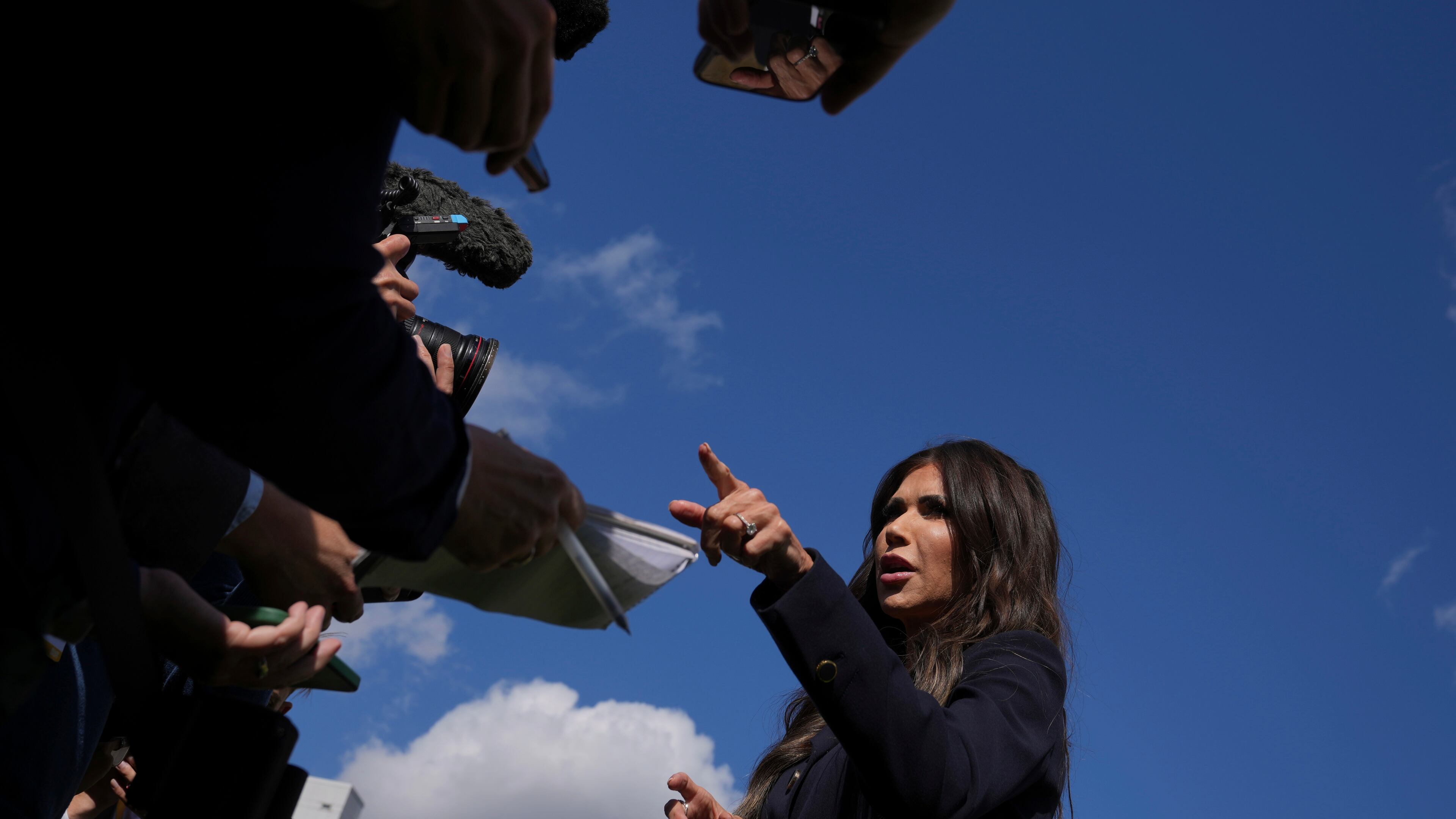 United States Secretary of Homeland Security Kristi Noem speaks to the media during the Five Country Ministerial meeting at the Honourable Artillery Company in London, Monday, Sept. 8, 2025. (AP Photo/Kin Cheung)