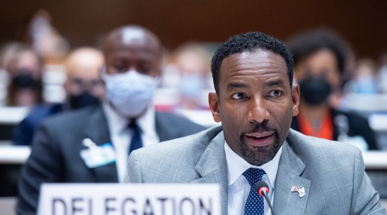 Mayor Andre Dickens speaks to the United Nations Human Rights Treaty Bodies Committee on the Elimination of Racial Discrimination on Thursday. (Photo via City of Atlanta)
