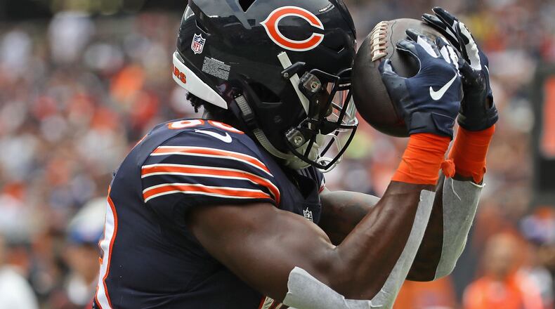Javon Wims of the Chicago Bears catches a touchdown pass against the Kansas City Chiefs during a preseason game at Soldier Field on August 25, 2018 in Chicago, Illinois. (Photo by Jonathan Daniel/Getty Images)