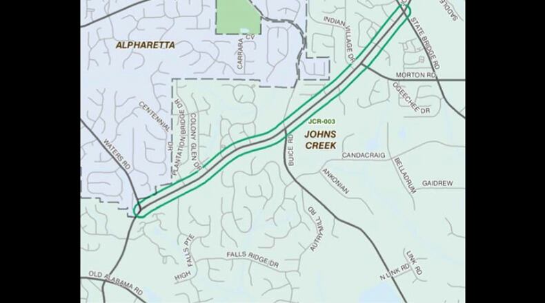 Map depicts the section of Jones Bridge Road to be widened in Johns Creek. CITY OF JOHNS CREEK