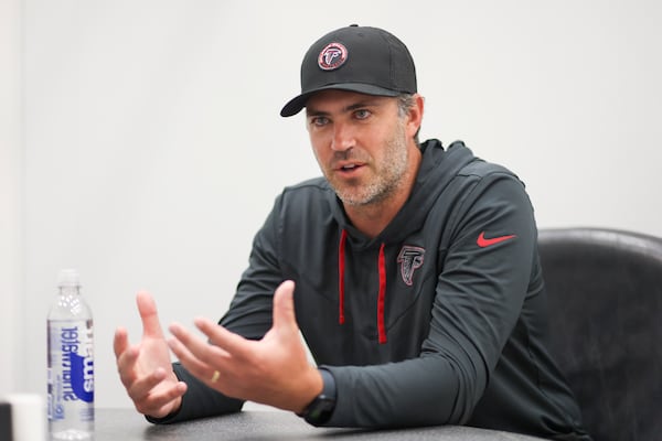 Falcons offensive coordinator Zac Robinson during a 2024 media session.
