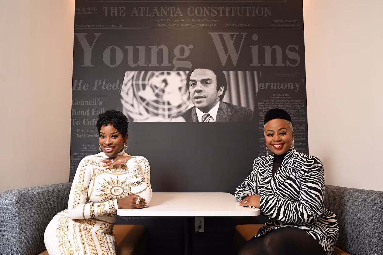 "The Real Housewives of Atlanta" cast members Shamea Morton (left) and Pinky Cole visit The Atlanta Journal-Constitution to talk with AJC entertainment reporter Rodney Ho about Season 17 of the reality TV series, which debuts Sunday night. (Hyosub Shin/AJC)