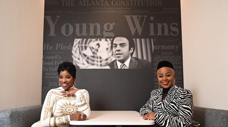 "The Real Housewives of Atlanta" cast members Shamea Morton (left) and Pinky Cole visit The Atlanta Journal-Constitution to talk with AJC entertainment reporter Rodney Ho about Season 17 of the reality TV series, which debuts Sunday night. (Hyosub Shin/AJC)