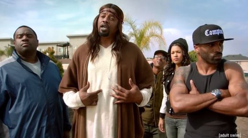 Comedian Gerald ‘Slink’ Johnson as "Black Jesus" with his Compton disciples. (Image from video trailer)