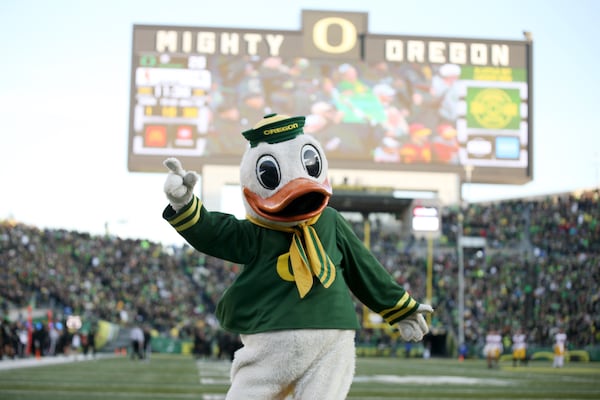 The Oregon Duck will appear at the Chick-fil-A Peach Bowl FanFest and the game itself on Friday as the Ducks take on the Indiana Hoosiers. (Lydia Ely/AP)