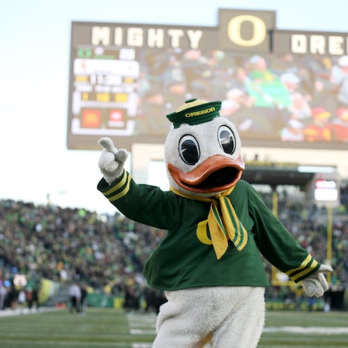 The Oregon Duck walks off the field during the second half of an NCAA college football game against Southern California Saturday, Nov. 22, 2025, in Eugene, Ore. (AP Photo/Lydia Ely)