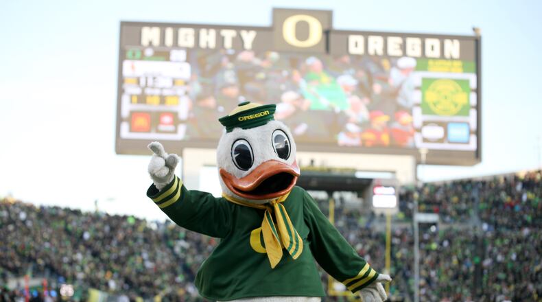 The Oregon Duck walks off the field during the second half of an NCAA college football game against Southern California Saturday, Nov. 22, 2025, in Eugene, Ore. (AP Photo/Lydia Ely)