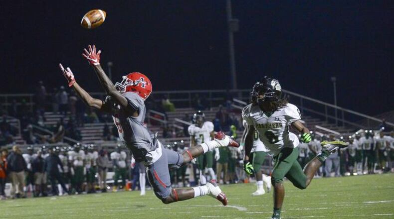 Acworth, Ga . -- Allatoona senior Adrain Boyd (6) dives and makes a catch for a touchdown in the second half of his game at Allatoona High School Friday, November 10, 2017. Special/Daniel Varnado