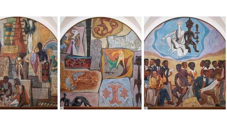 "Interchange," from left, "Influences" and "Muses" panels from Hale Woodruff's six-panel mural "The Art of the Negro."
Clark Atlanta University Art Museum