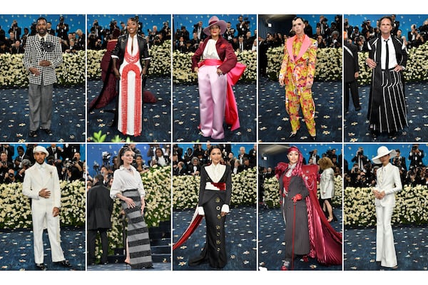 This combination photo shows fashion worn by Coleman Domingo, top row from left, Ayo Edebiri, Tracee Ellis Ross, Cole Escola, Walton Goggins, bottom row from left, Lewis Hamilton, Ann Hathaway, Mindy Kaling, Teyana Taylor and Zendaya, at The Metropolitan Museum of Art's Costume Institute benefit gala on May 5, 2025, in New York. (Photo by Evan Agostini/Invision/AP)