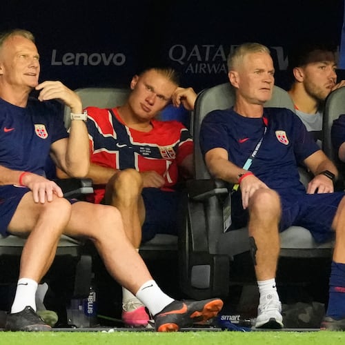 Norway's Erling Haaland (9) sits on the bench during the World Cup quarterfinal soccer match between Norway and England in Miami Gardens, Fla., Saturday, July 11, 2026. (AP Photo/Chris Carlson)