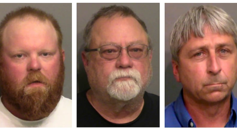 Booking photos released by the Glynn County Detention Center show, from left, Travis McMichael, his father Gregory McMichael and William “Roddie” Bryan. The three men were indicted on federal hate crime and attempted kidnapping charges in connection with the death of Ahmaud Arbery, a 25-year-old Black man who was shot to death while jogging through a South Georgia neighborhood last year, the Justice Department announced on Wednesday, April 28, 2021. (Glynn County Detention Center via The New York Times) -- EDITORIAL USE ONLY --
