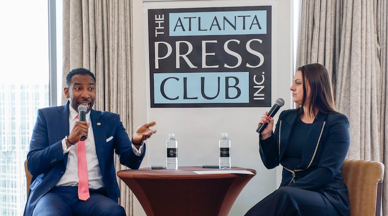 Atlanta Mayor Andre Dickens speaks during the Newsmaker Leadership Series with the Atlanta Press Club, with AJC reporter Riley Bunch moderating at the Buckhead Club on Thursday, March 27, 2025. Mayor Dickens addressed public safety, city water issues, and infrastructure.
(Miguel Martinez/ AJC)