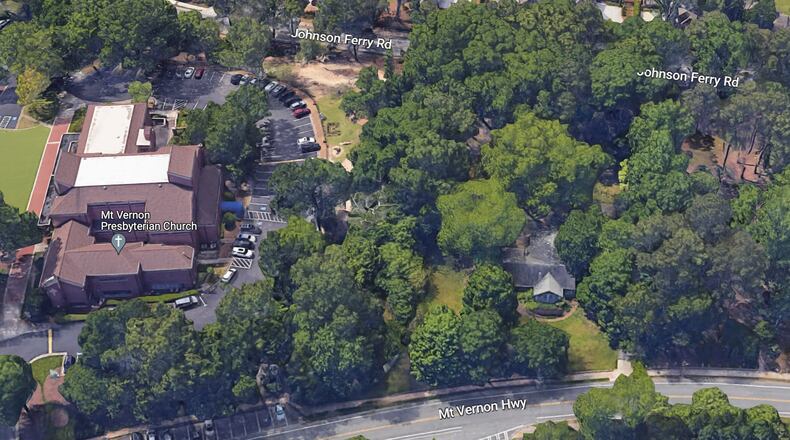 Sandy Springs is purchasing 441 Mt. Vernon Highway (shown here to the right of Mt. Vernon Presbyterian Church) to construct a connector road between Johnson Ferry Road and Mt. Vernon Highway. GOOGLE MAPS