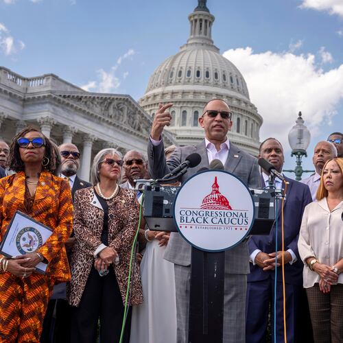 FILE - House Minority Leader Hakeem Jeffries, D-N.Y., center, and members of the Congressional Black Caucus speak outside the Capitol in Washington, May 19, 2026. (AP Photo/J. Scott Applewhite, File)