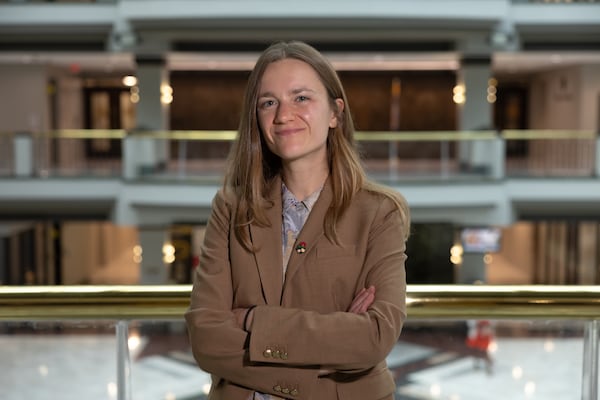 Atlanta City Council member Kelsea Bond, the council’s first democratic socialist, poses for a portrait at City Hall in Atlanta earlier this month. (Arvin Temkar/AJC)