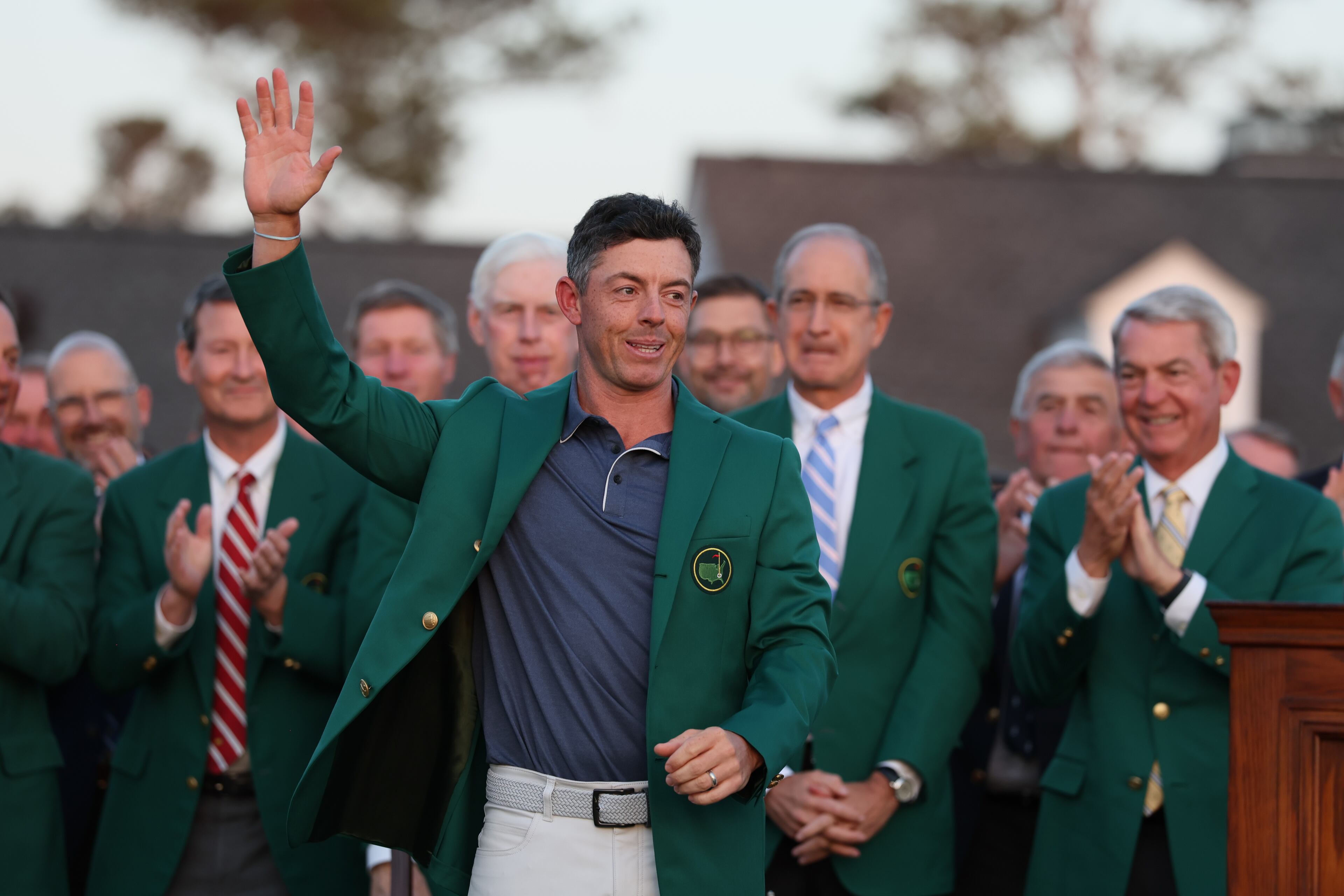 Rory McIlroy celebrates winning the Masters golf tournament at the Green Jacket Ceremony at Augusta National Golf Club, Sunday, April 13, 2025, in Augusta, Ga. (Jason Getz / AJC)