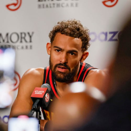 Atlanta Hawks guard Trae Young answers questions from the press during media day at PC&E Atlanta on Sept. 29, 2025, in Atlanta. The Hawks appear to be looking to trade the four-time All-Star. (Miguel Martinez/ AJC)