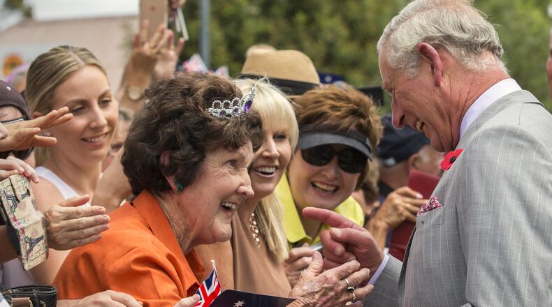 BAROSSA VALLEY, AUSTRALIA - NOVEMBER 10: Prince Charles, Prince of Wales smiles as he meets with well-wishers at Tanunda on November 10, 2015 in Barossa Valley, Australia. The Royal couple are on a 12-day tour visiting seven regions in New Zealand and three states and one territory in Australia. (Photo by Ben MacMahon - Pool/Getty Images)