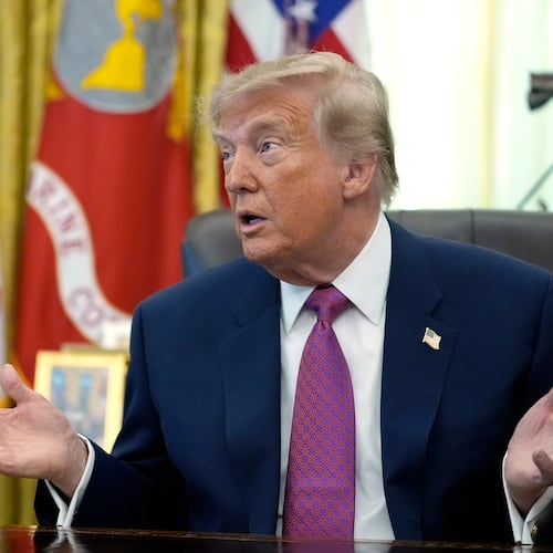 President Donald Trump speaks in the Oval Office of the White House, Thursday, Aug. 27, 2026, in Washington. (AP Photo/Manuel Balce Ceneta)
