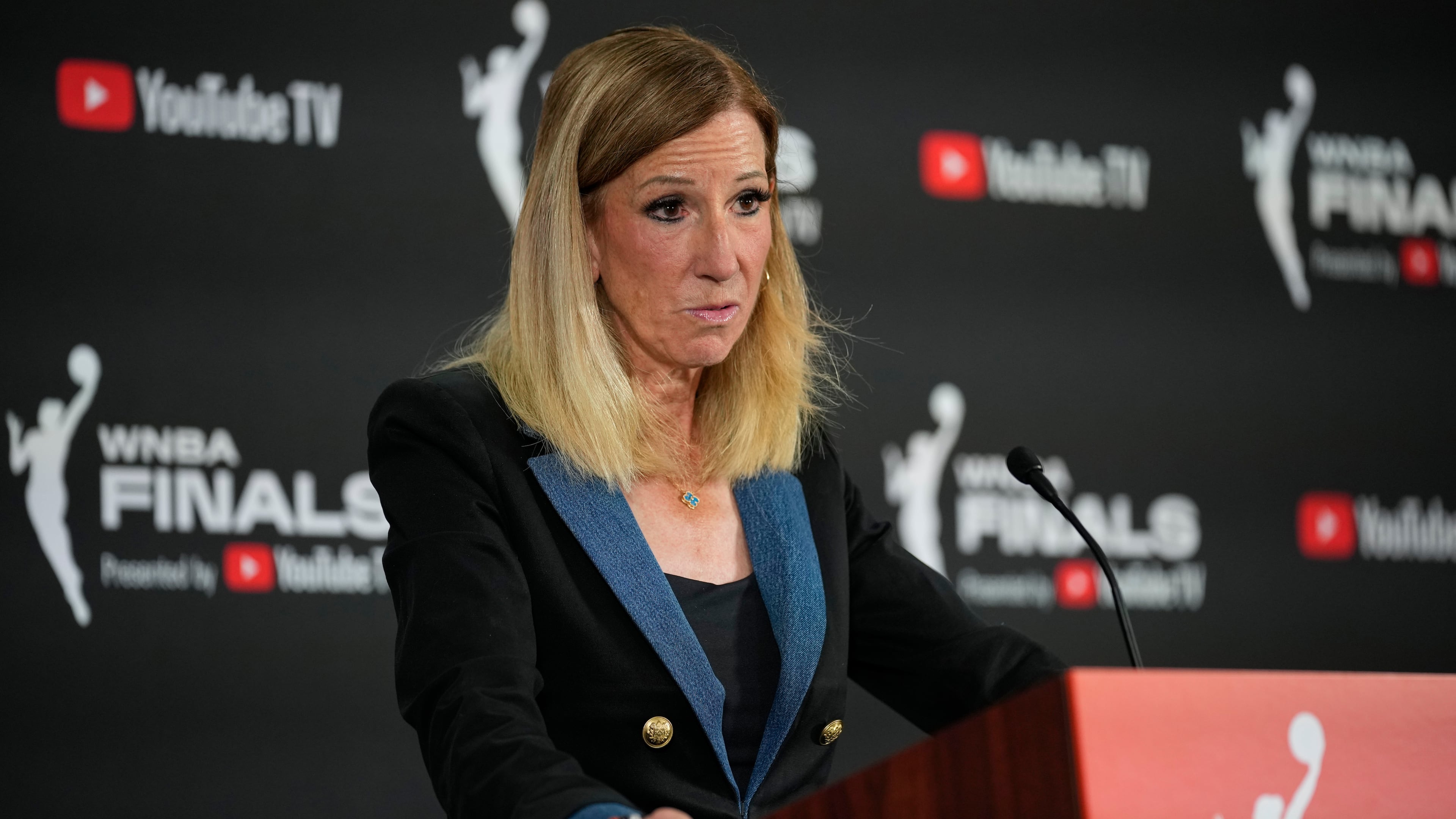 WNBA commissioner Cathy Engelbert speaks prior to Game 1 of a WNBA basketball final playoff series between the Las Vegas Aces and the Phoenix Mercury, Friday, Oct. 3, 2025, in Las Vegas. (AP Photo/John Locher)